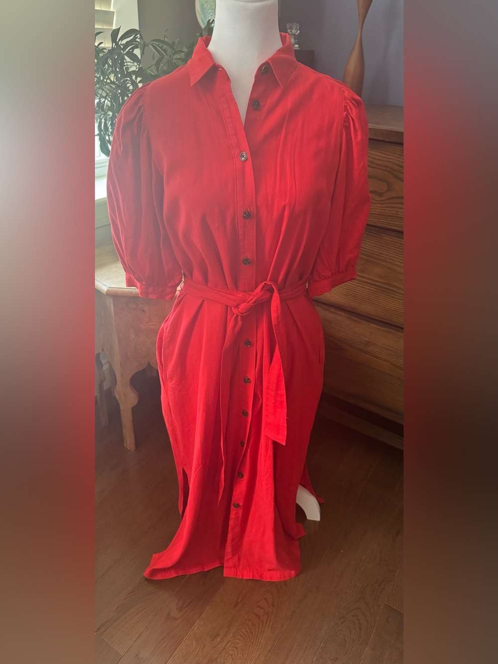 Ann Taylor Red Button-Front Midi Shirt Dress with Tie Waist